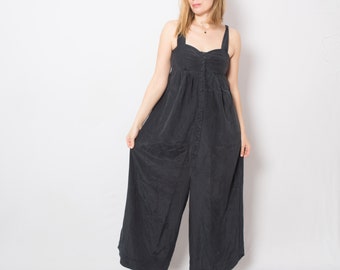 Vintage Petite Black Silk Jumpsuit Wide Leg Overalls XS Size Gift for Girlfriend