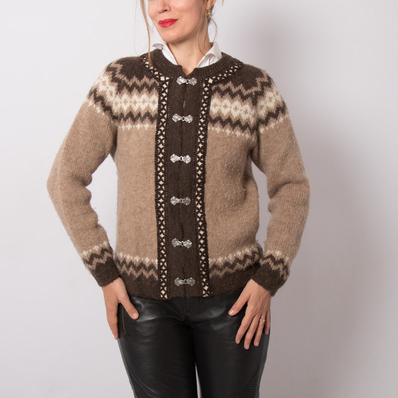 Vintage Brown Wool Cardigan Textured Cardigan Fuzzy Cardigan Fair Isle Cardigan Made in Norway will fit S, M image 3