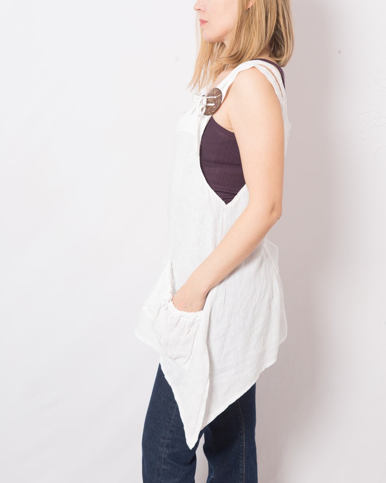 Assymetrical White Linen Tunic Top with Pockets Linen Pinafore Top Large Size Gift for Girlfriend image 3