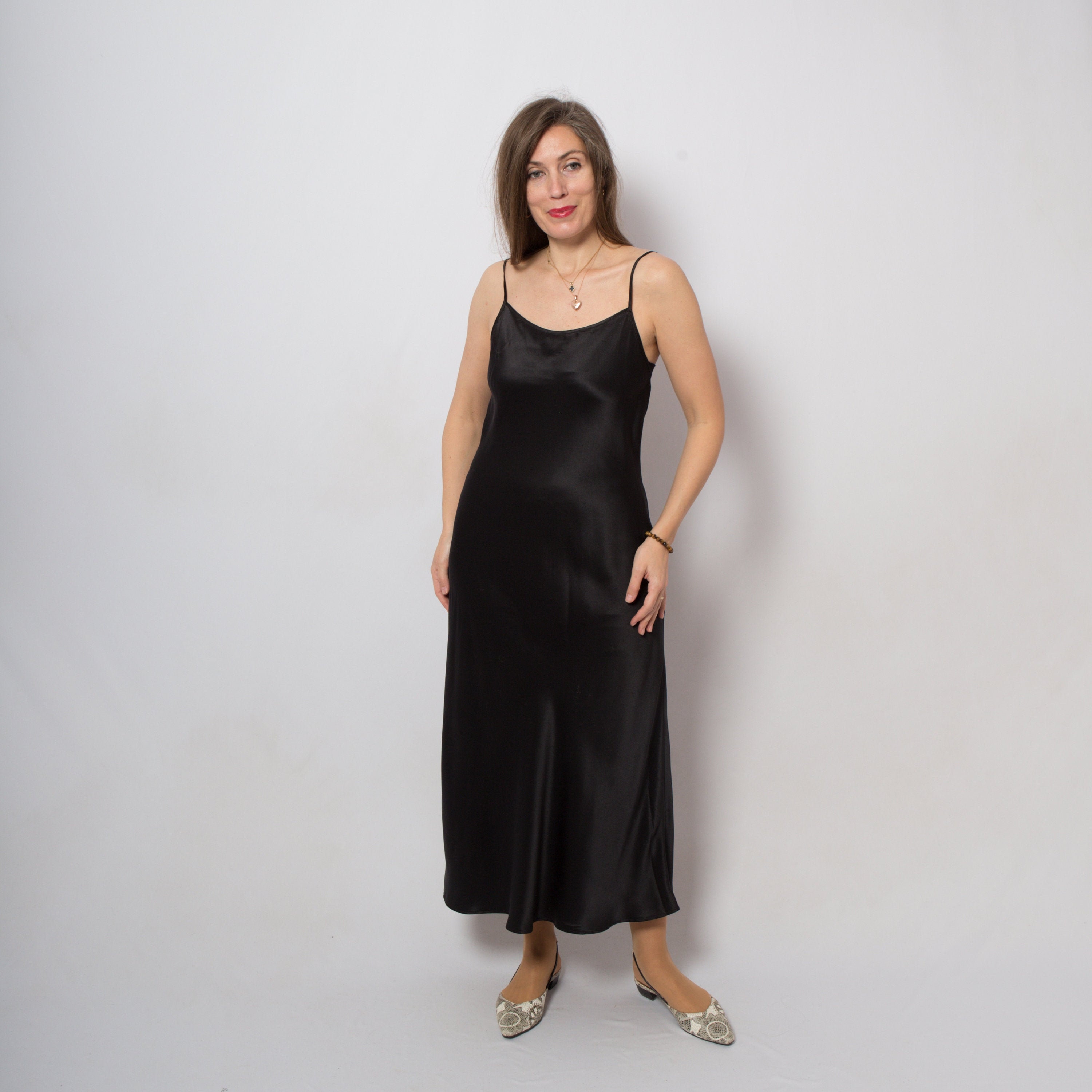Long Black Silk Slip Dress Satin Full Slip Silk Nightgown Etsy