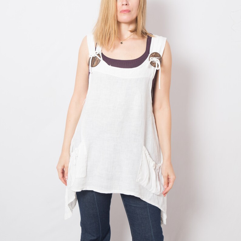 Assymetrical White Linen Tunic Top with Pockets Linen Pinafore Top Large Size Gift for Girlfriend image 2