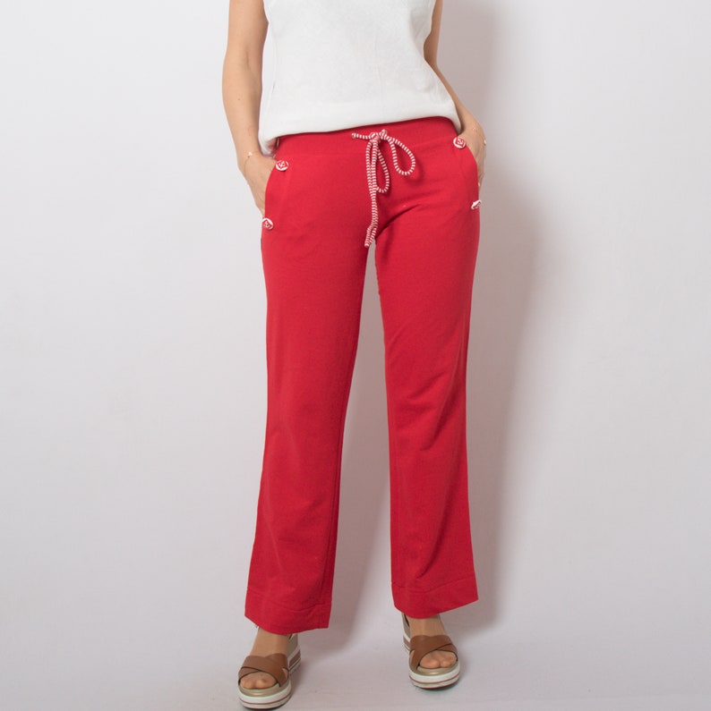 Vintage Red Cotton Drawstring Pants Flare Pants Women Festival Summer Medium Size image 3