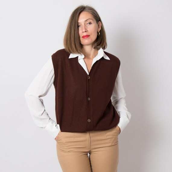 Vintage Brown Wool Sweater Vest Sleeveless Cardigan Preppy Oxford Dark Academia Style Will Fit M, L Size