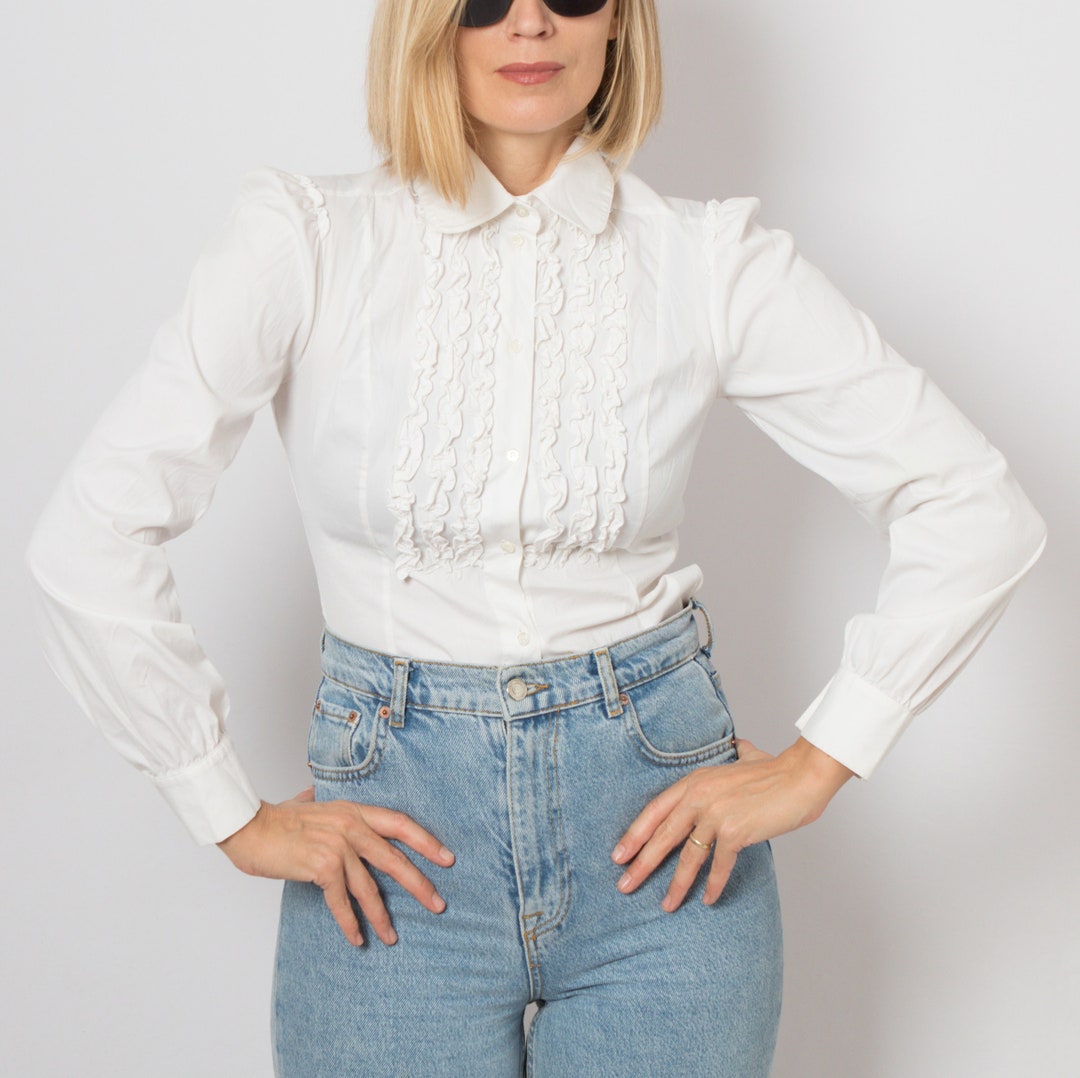 Y2K White Ruffle Blouse Jabot Button Down Ruffled Front and Etsy