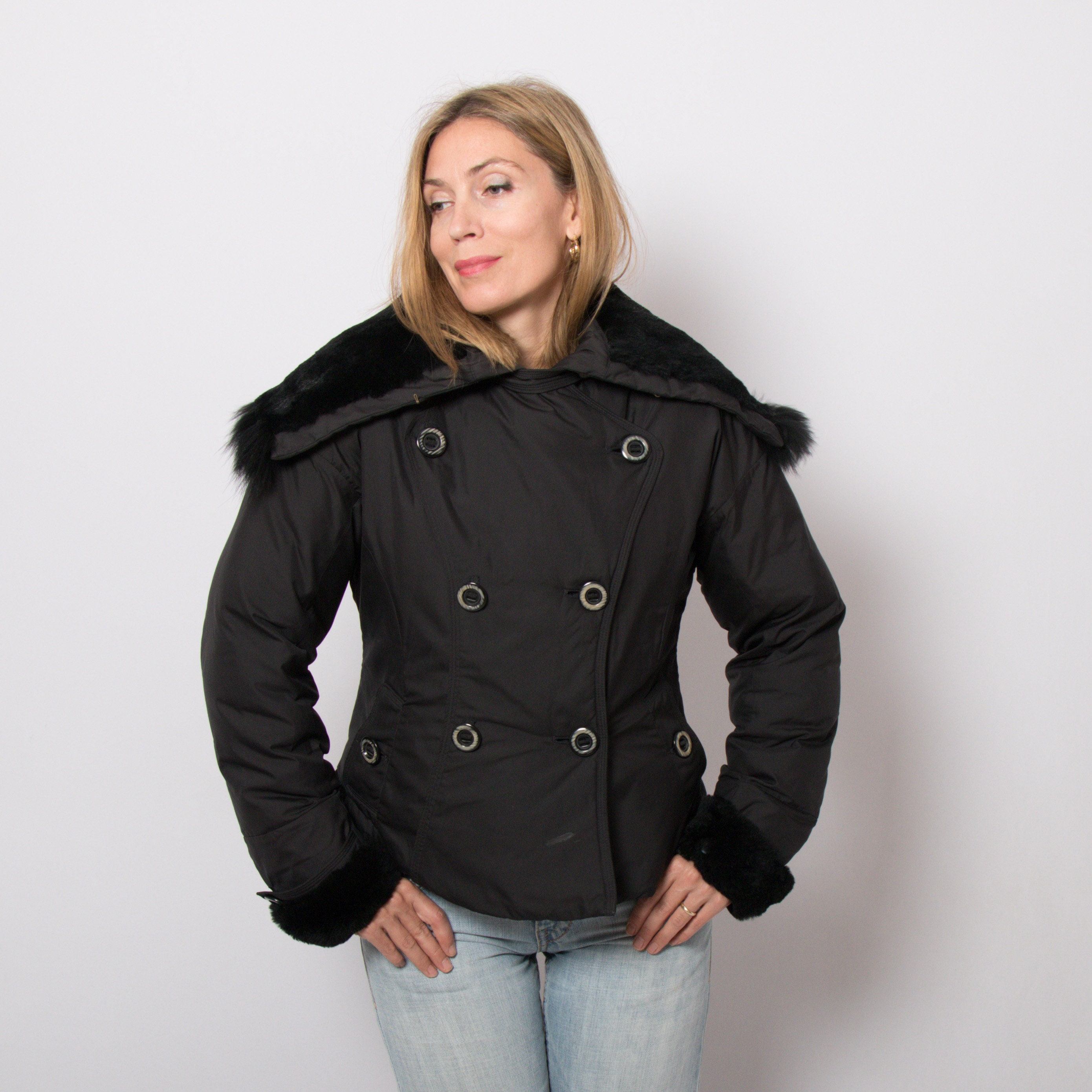 SPORTMAX Code Rabbit Fur Trim Down Jacket Double Breasted SPORTMAX Code Rabbit Fur Trim Down Jacket Double Breasted