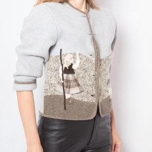 Cardigan autrichien, veste en feutre Shepard, veste en laine grise avec empiècement en mouton, boutonnage simple avec poches, petite taille image 7