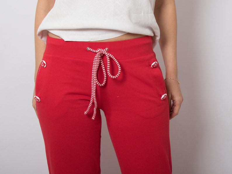 Vintage Red Cotton Drawstring Pants Flare Pants Women Festival Summer Medium Size image 8