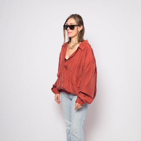 Red Silk Bomber Jacket Padded Shoulder Oversized … - image 3