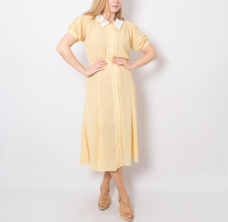 Vintage Wallis Exclusive Sheer Polka Dot Dress 40s Style Dress Light Yellow Dress Button Through Dress Small Size image 1