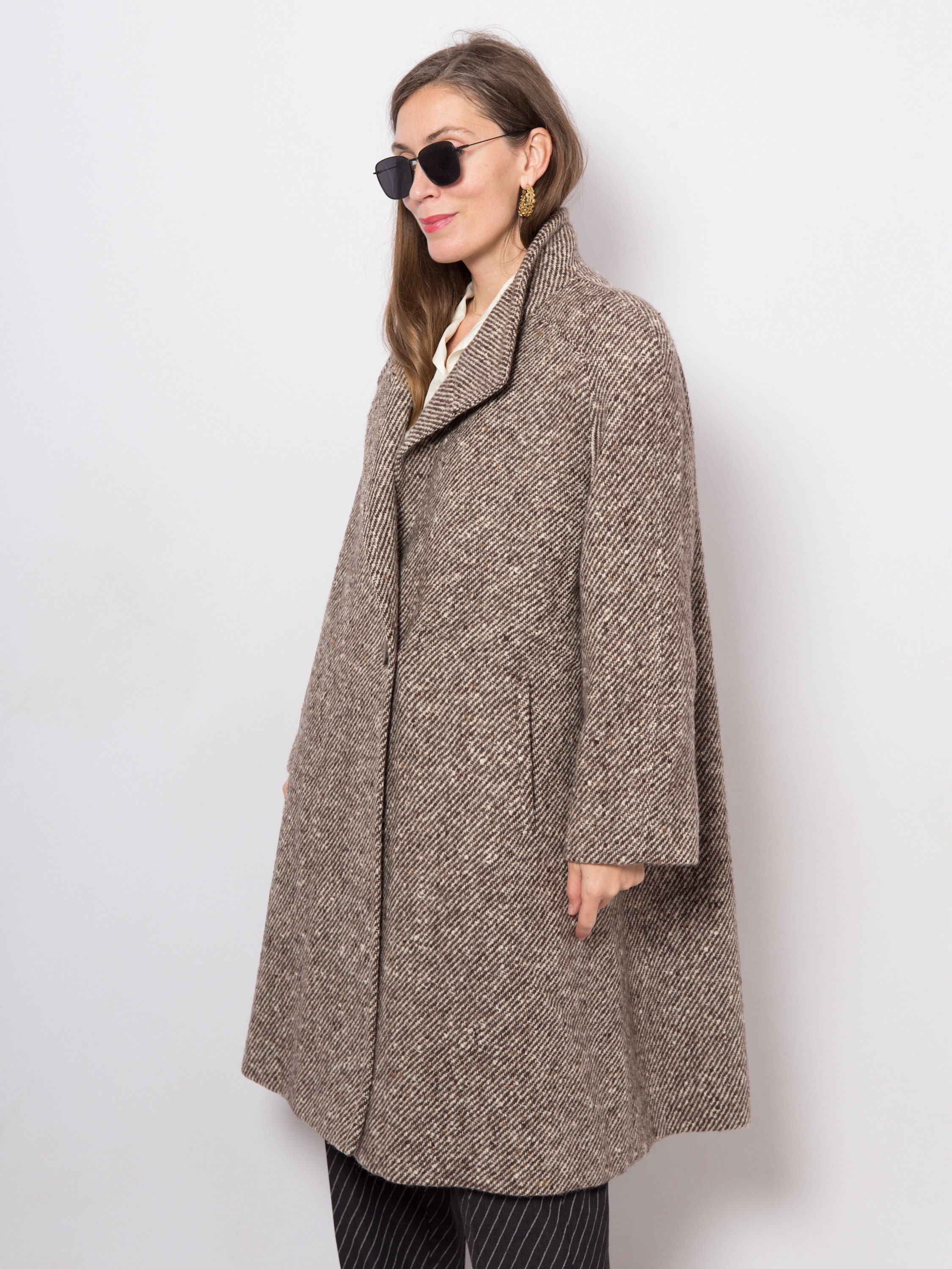 Herringbone Coat Swing Coat Brown Wool Coat Tweed Overcoat Etsy