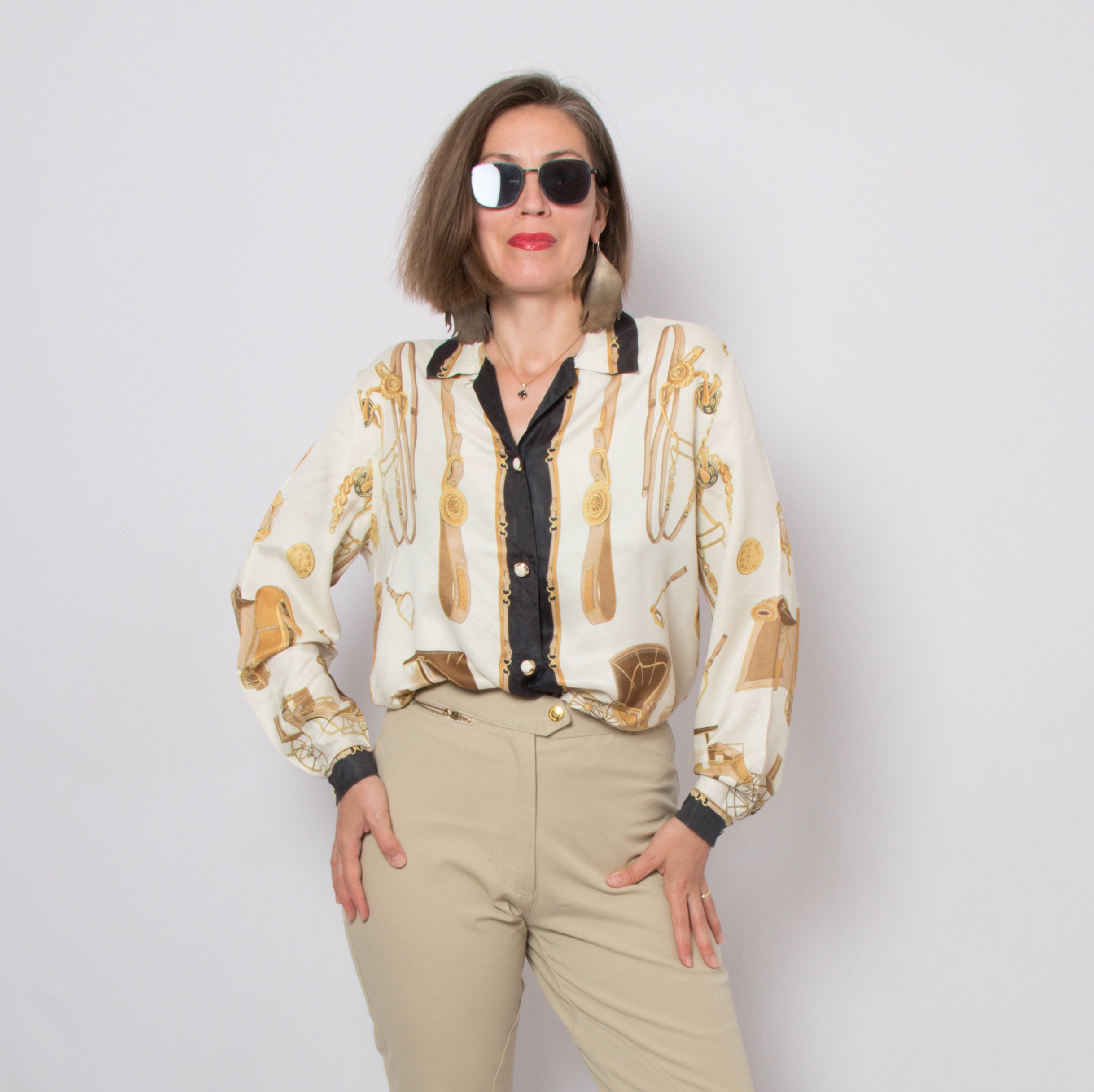 90s Oversized Equestrian Blouse Flowy Blouse Silk Shirt with Etsy