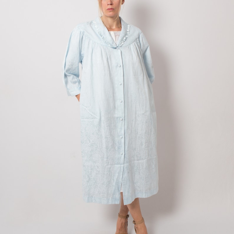 MISS HELEN Robe de chambre bleue pour femme Robe de chambre en coton à fleurs avec poches à col Convient aux tailles M, L image 1