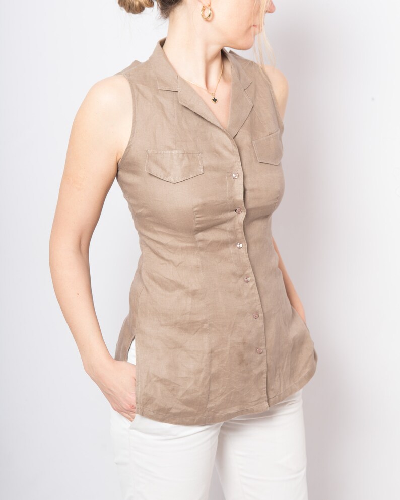 Nara Camicie Sleeveless Collared Blouse Linen Button Up Shirt XS Size Made in Italy image 7