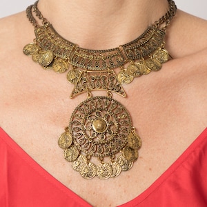 Neckpiece Indian Coin Necklace Massive Statement BIB Necklace Gift for Girlfriend Inspired Greek Goddess Necklace image 1