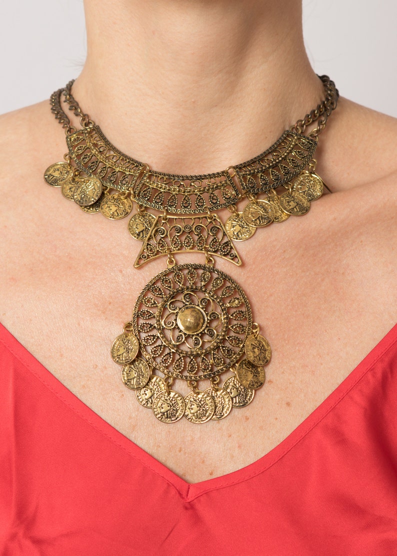 Neckpiece Indian Coin Necklace Massive Statement BIB Necklace Gift for Girlfriend Inspired Greek Goddess Necklace image 1