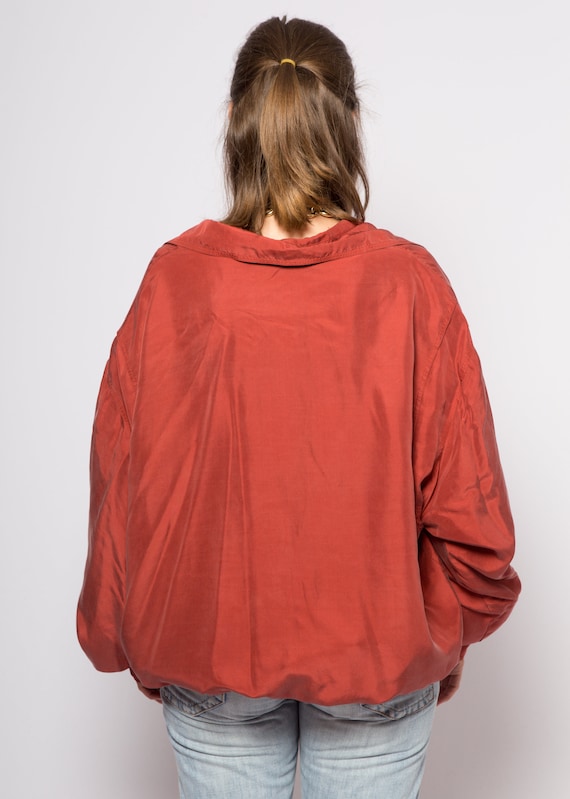 Red Silk Bomber Jacket Padded Shoulder Oversized … - image 7
