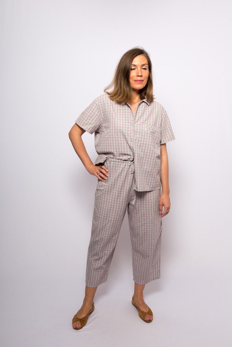 90s Plaid Cotton Pajama Set Tartan Loungwear Pyjama Femme Night Gown Sleepwear Medium Size