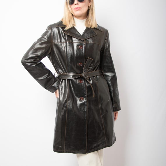 Vintage Shiny Leather Trench Coat Women Detective Style Size Vintage Shiny Leather Trench Coat Women Detective Style Size