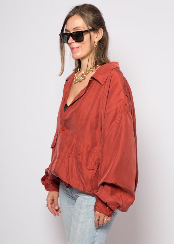 Red Silk Bomber Jacket Padded Shoulder Oversized … - image 4