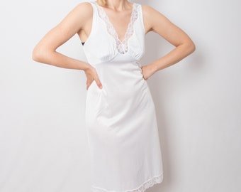 Vintage St Michael White Full Slip Nylon Slip Underdress Under Dress Lace details Medium Size Gift