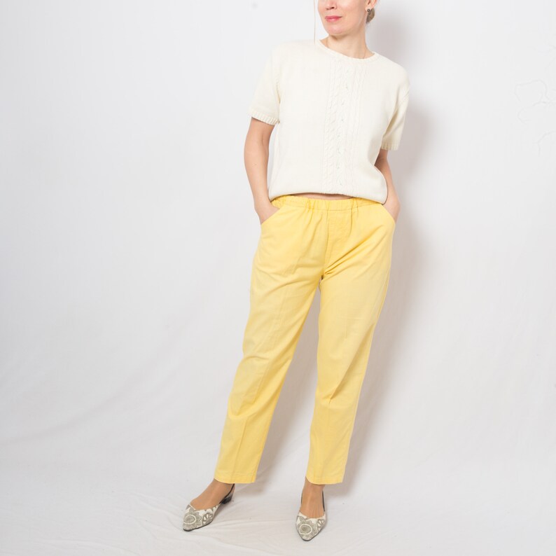 Vintage Lemon Yellow Pants Elastic Waist Pants Summer Yacht Travel Style Medium Size image 3