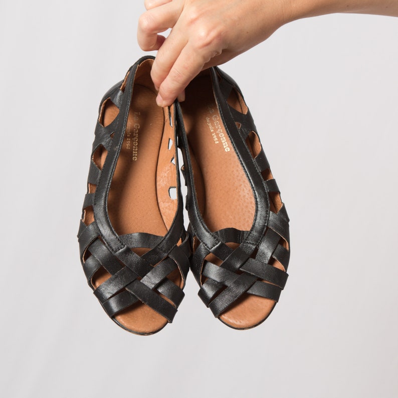 LA GARCONNE Black Leather Braided Sandals Leather Ballet Flats Fancy Sandals EU 36 Made in Spain image 1