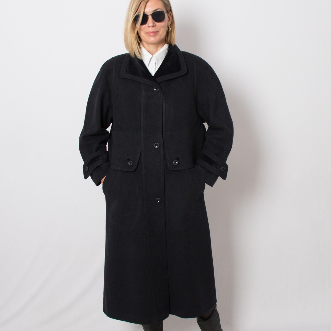 90s Long Blue Wool Coat Velvet Collar Coat Single Breasted Overcoat