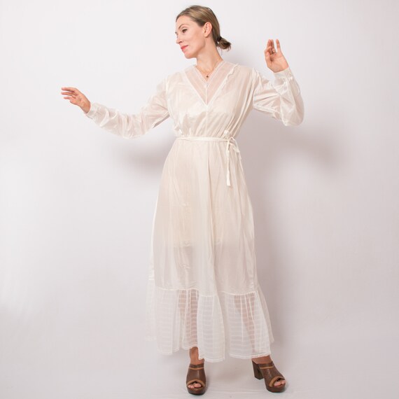 Nylon Nightgown White Long Sleeve Maxi 