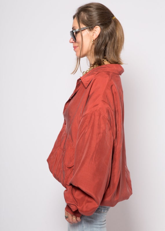 Red Silk Bomber Jacket Padded Shoulder Oversized … - image 6