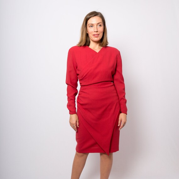90s Pencil Dress Red Wool Dress Long Sleeve Wiggle