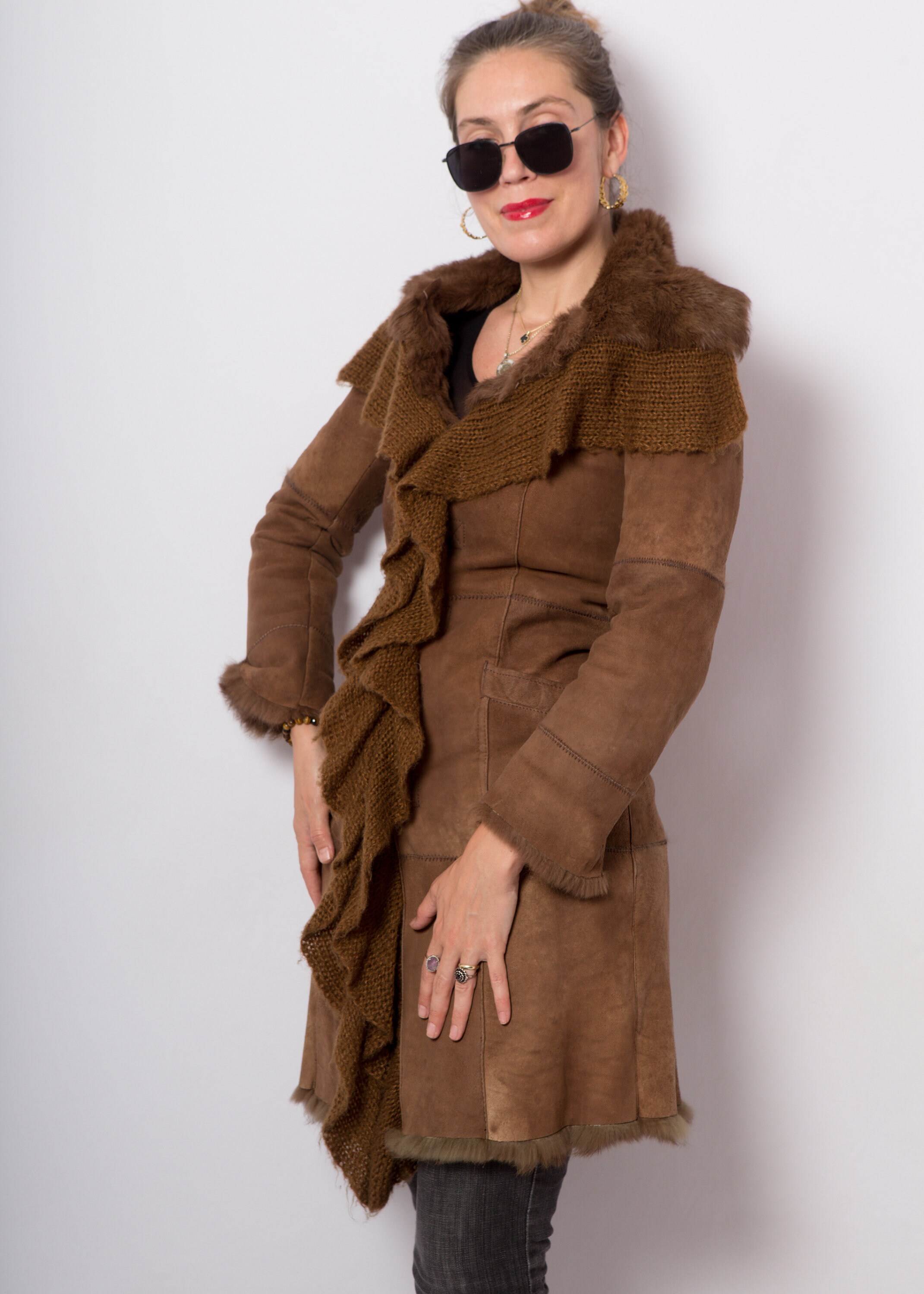 STEFANEL Sheepskin Coat Patchwork Coat with Real Rabbit Fur | Etsy