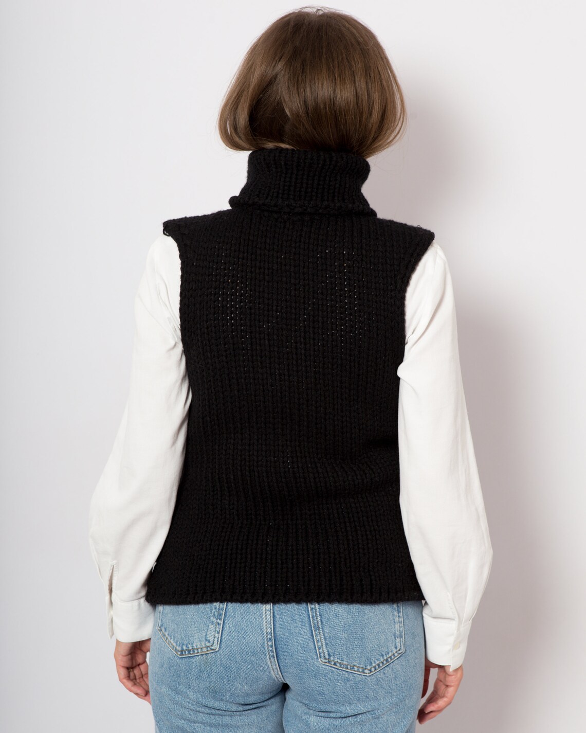 Black Turtleneck Wool Sleeveless Sweater Vest Knit Knitted Etsy