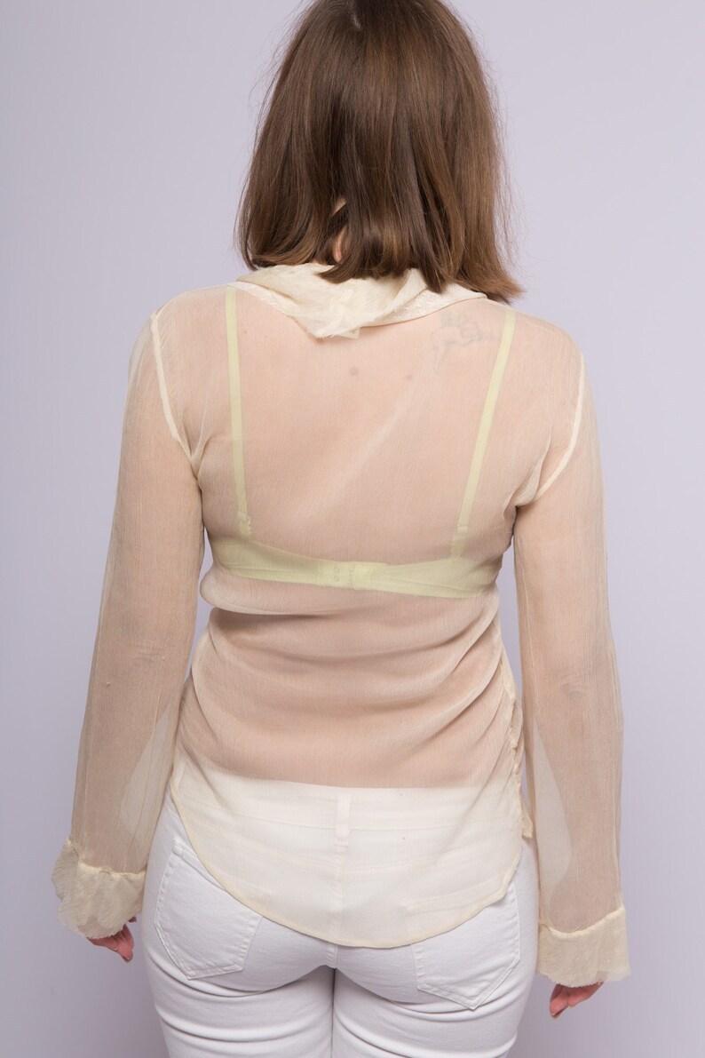 Vintage Beige See Through Blouse Poet Sleeve Jabot Ruffle Blouse Mesh Shirt Sheer Blouse Lolita Blouse Ruffle Shirt Medium Shirt