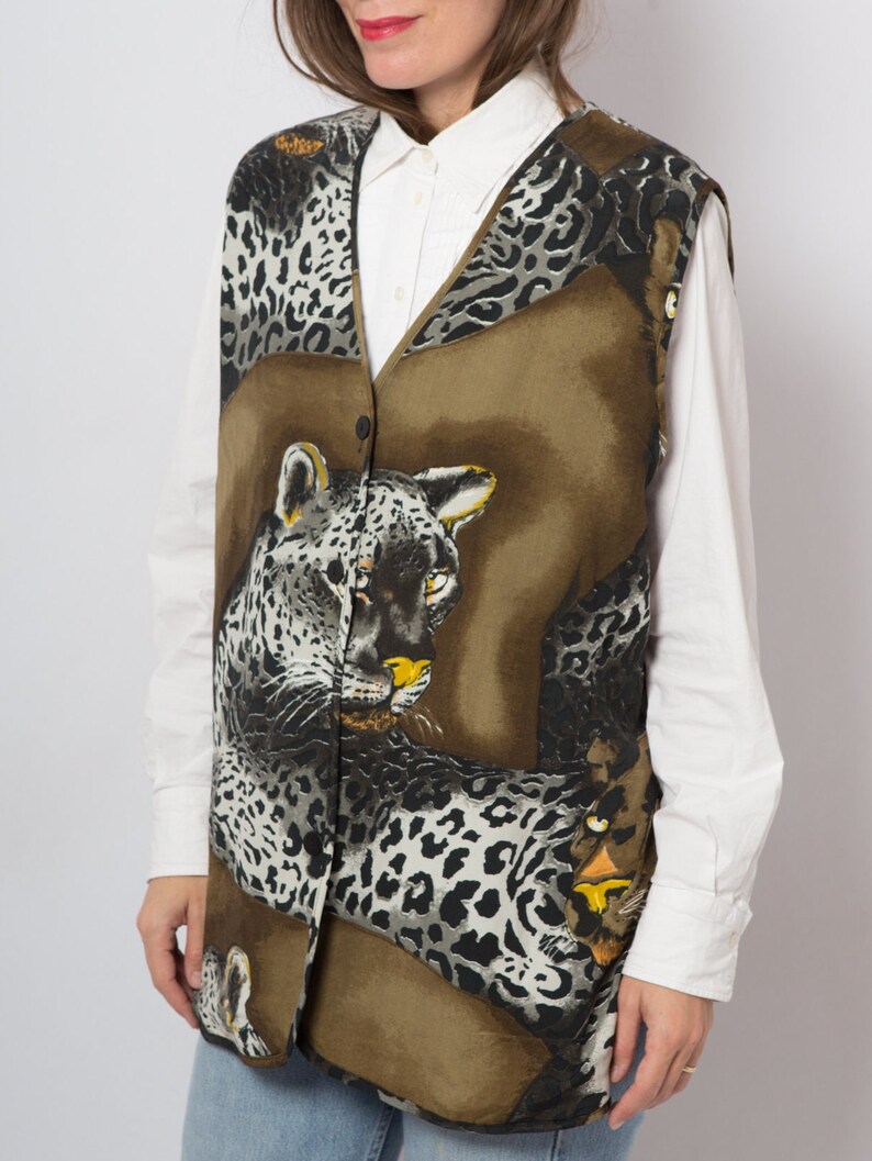 Vintage Ladies Long Vest Puma Print Leopard Vest Long Sleeveless Jacket Womens Long Vest can fit M L Size Gift image 4