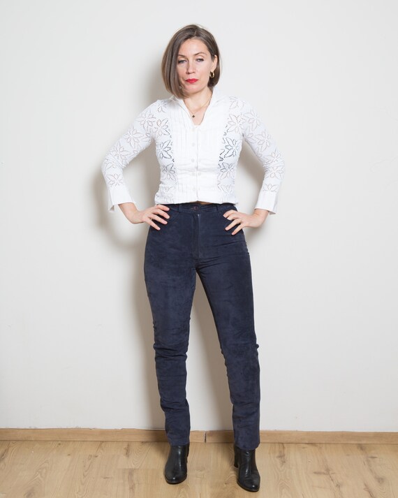 Vintage Suede Blue Leather Pants Women 
