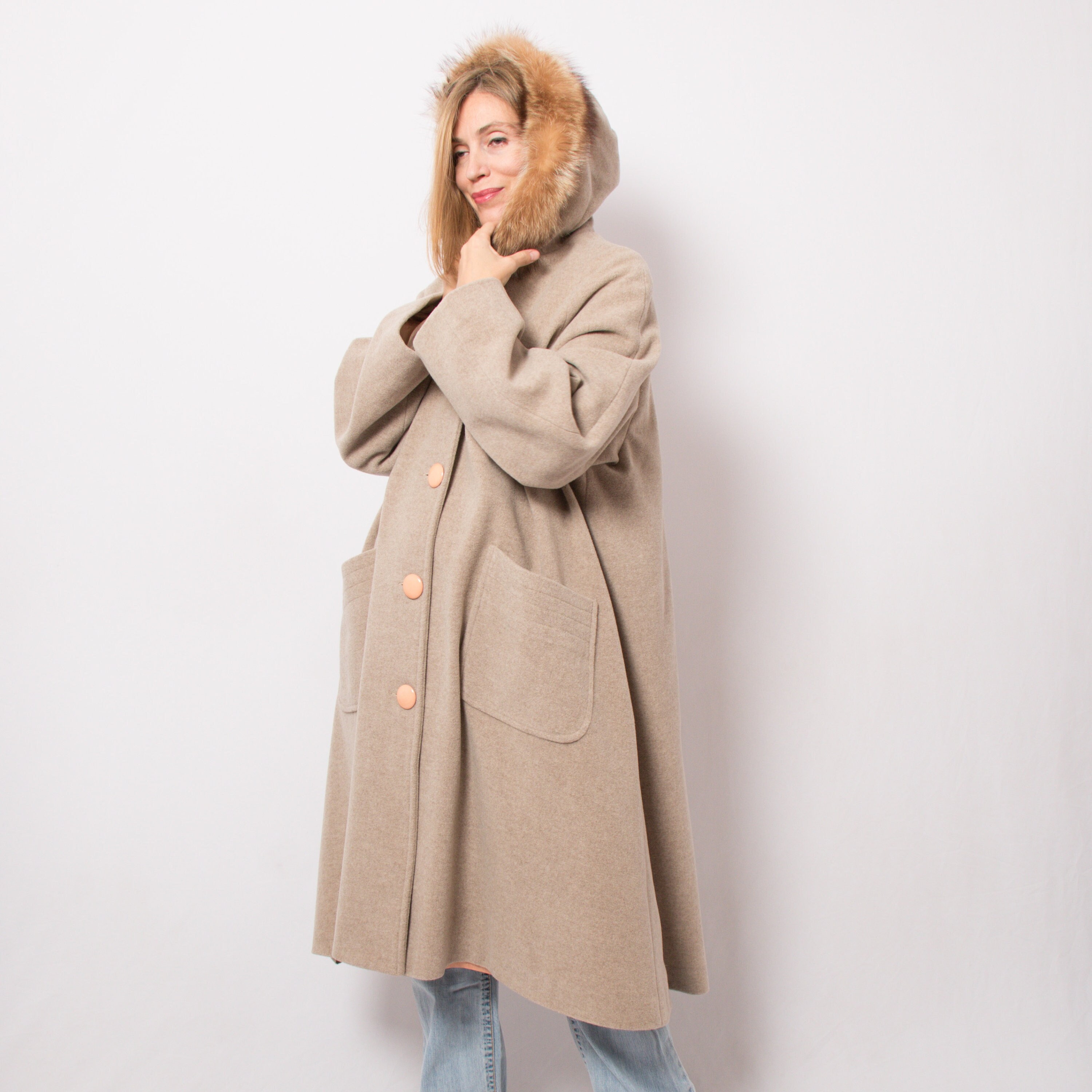 Vintage Long Hooded Coat Trim Fur 