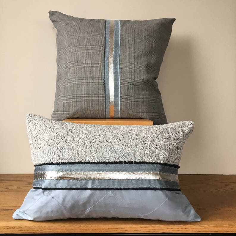 Silver leather detailing,Bedroom decor,Cushion,decorative cushion silk Grey cushion tweed cushion,blue woollen cushion