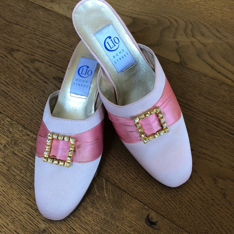 Pink satin slip on dress shoes,made in Italy,leather vintage shoes,diamant\u00e9 buckle with sash,satin evening shoes,costume shoes,size 37