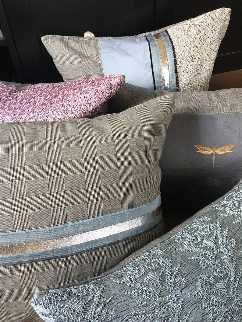 Silver leather detailing,Bedroom decor,Cushion,decorative cushion silk Grey cushion tweed cushion,blue woollen cushion