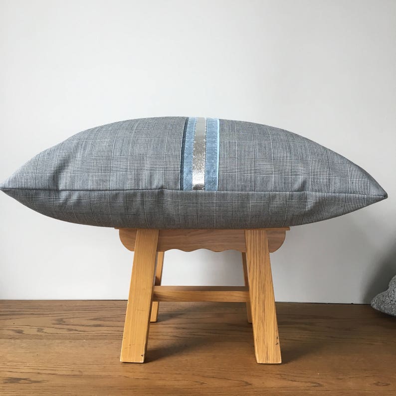 Silver leather detailing,Bedroom decor,Cushion,decorative cushion silk Grey cushion tweed cushion,blue woollen cushion