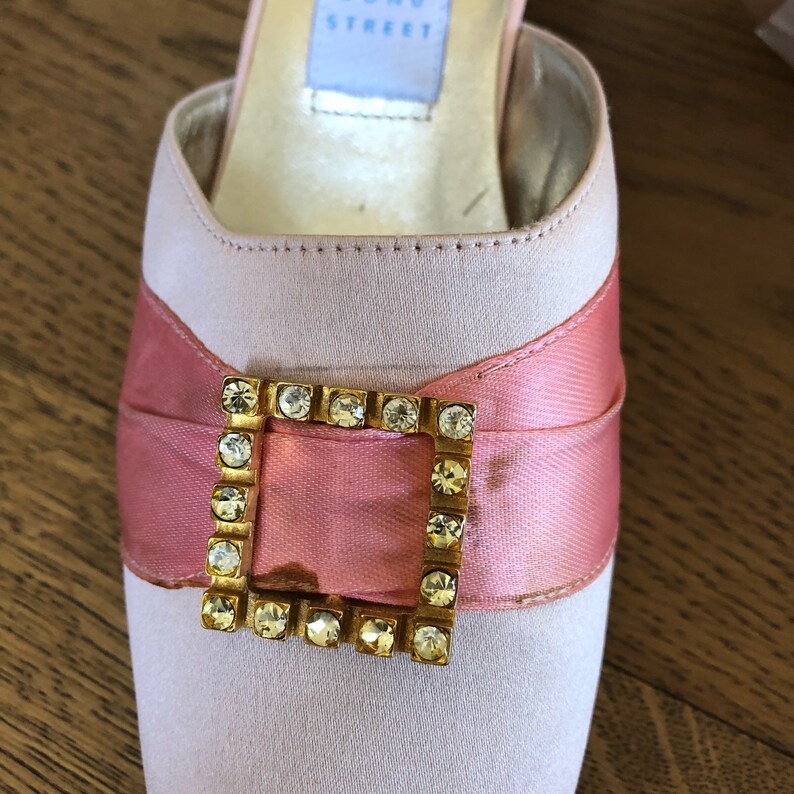 Pink satin slip on dress shoes,made in Italy,leather vintage shoes,diamant\u00e9 buckle with sash,satin evening shoes,costume shoes,size 37