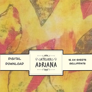 Op de afbeelding: Digitale download van 16 A4 vellen met abstracte blad-gelliprints in tinten geel, rood en groen. De prints zijn getiteld "Atelier Adriana".