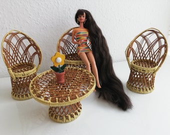 Vintage Rattan Doll Furniture Rattan Furniture Wicker Furniture for Barbie Dollhouse 70s 80s