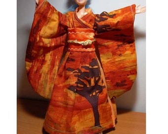 Puppenkleid Kleidung Puppenkleidung Kimono Tunika Japan japanisch Kleid Mantel in Orange