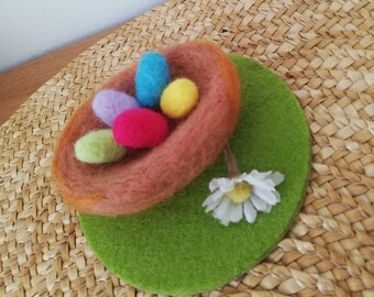 Easter jewelry made of felt felt jewelry felted nest and 5 felted colorful eggs Easter eggs felt eggs