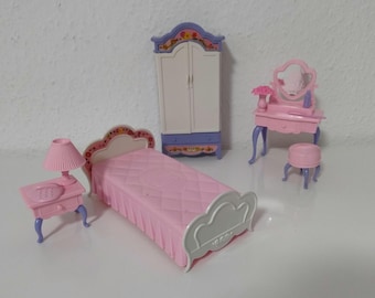 Dolls Doll Bedroom YD Bed Wardrobe Dressing Table with Stool Bedside Table for Dollhouse Doll Bedroom YD Dollhouse Vintage