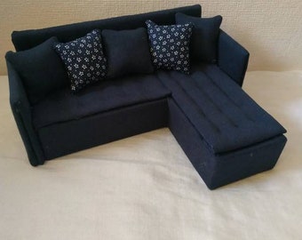 Puppen Möbel Puppenmöbel Polstermöbel Puppenhausmöbel Velours Sofa Ecksofa Couch Eckcouch mit Kissen