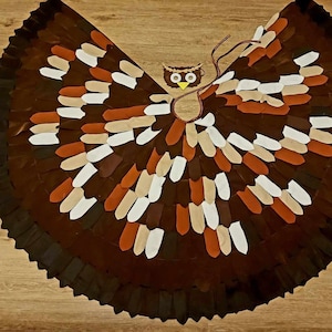 Könnte beinhalten: Braunes, braunes und weißes Eulenflügelkostüm mit einem Filz-Eulengesicht. Die Flügel sind aus Stoff und in einer kreisförmigen Form zusammengenäht.