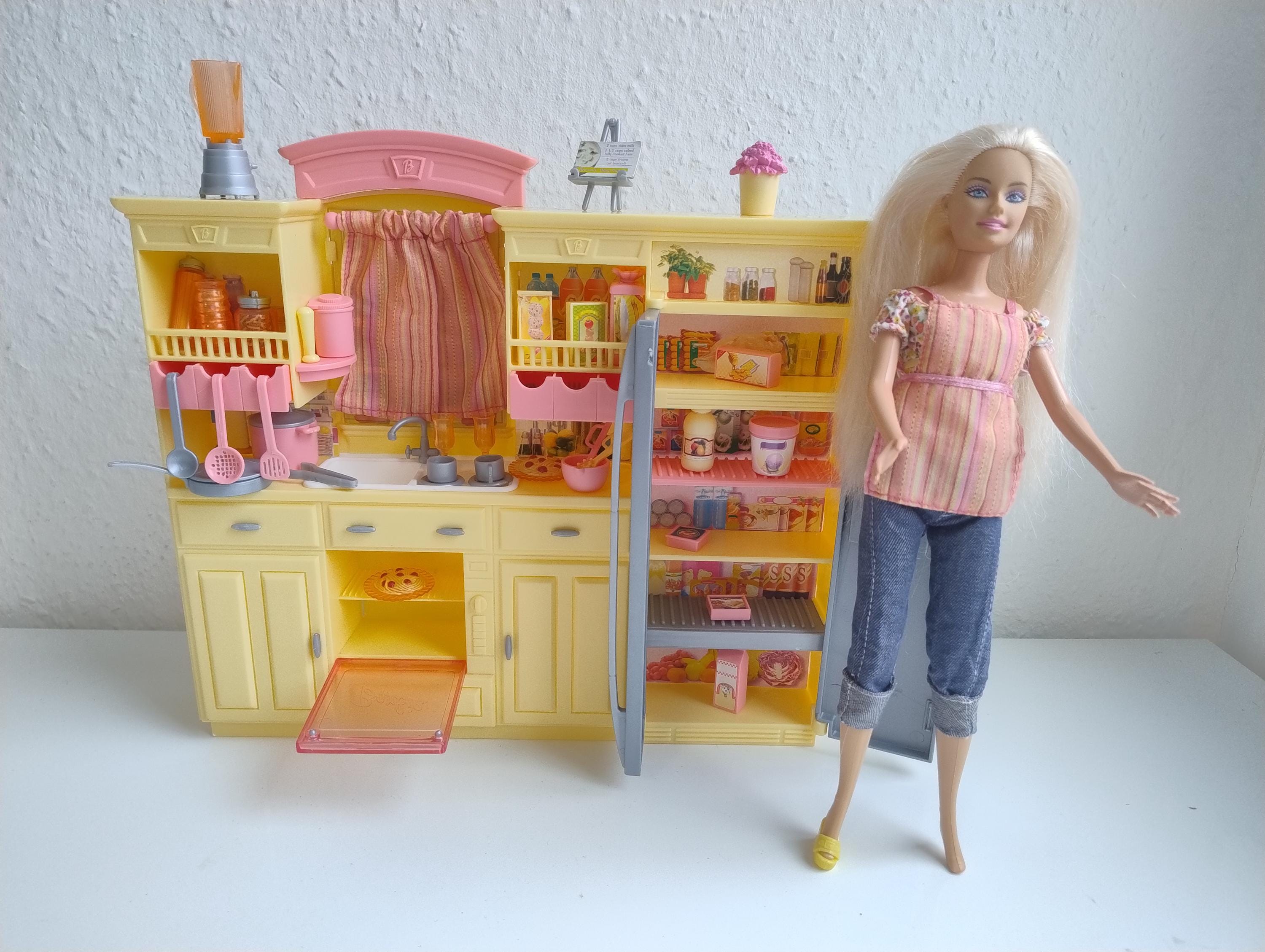 Barbie Play All Day Kitchen, Yellow Kitchen With Barbie Doll