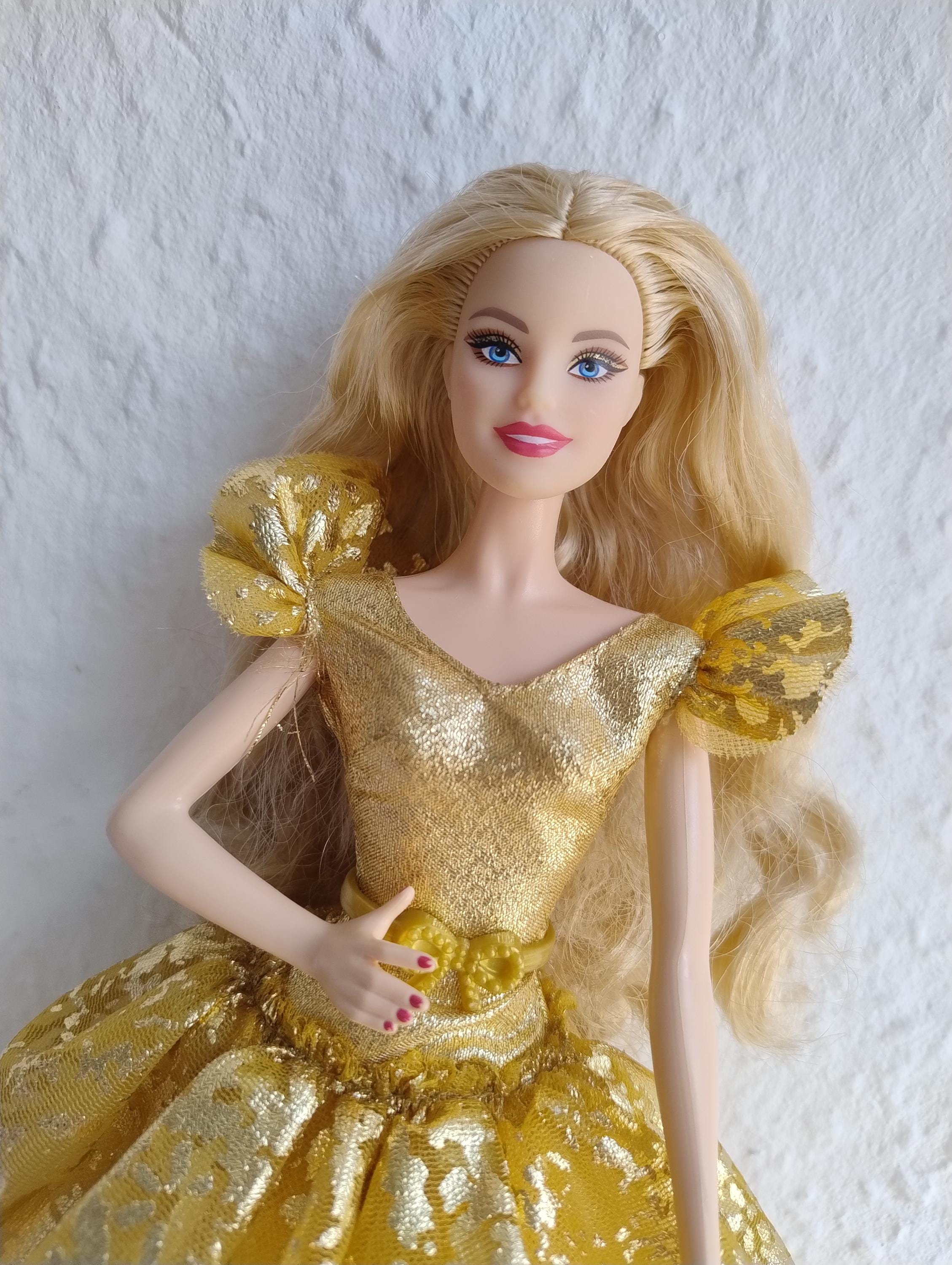 barbie gold dress Holiday Signature Doll in Golden Yellow Christmas Barbie Collector Vintage Mattel GHT54 Glamorous Gala Barbie is exquisite in her rich red Gold dress for Barbie dolls